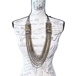 Vintage Multi Strand Chain Necklace Bold Beaded Statement Rectangles Bronze Gold
